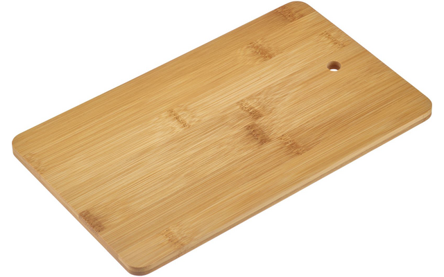 Light rectangular bamboo board with rounded corners and small hole on a white background