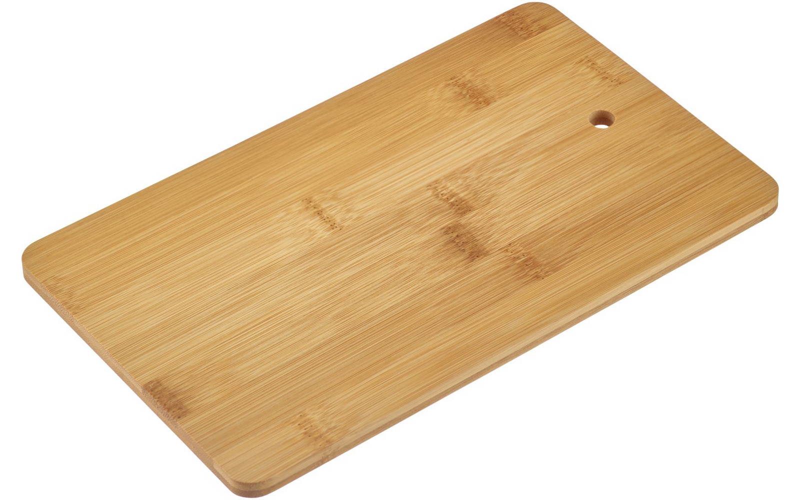 Light rectangular bamboo board with rounded corners and small hole on a white background
