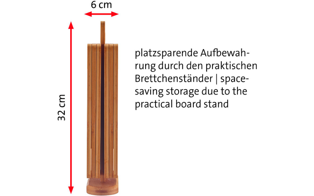 Vertical wooden stand with several thin boards, round base and small top handle; red arrows labeled '32 cm' and '6 cm'; German and English text on the right