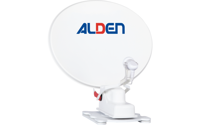 Weiße Satellitenschüssel mit ALDEN-Logo auf weißem Hintergrund