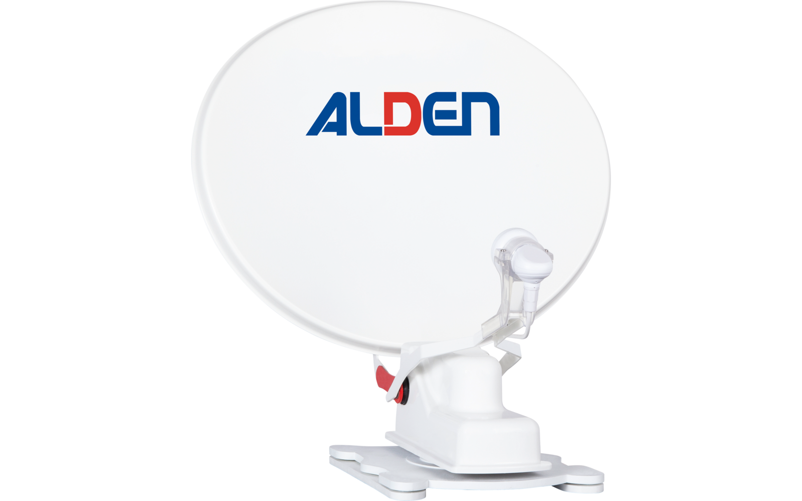 Weiße Satellitenschüssel mit ALDEN-Logo auf weißem Hintergrund