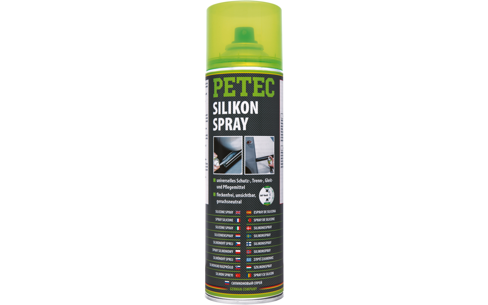 Gelbgrüne Spraydose mit schwarzem Etikett und weißer Aufschrift 'PETEC SILIKON SPRAY', Kunststoffsprühkopf und mehrere kleine Symbole auf dem Etikett