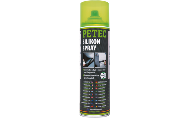 Gelbgrüne Spraydose mit schwarzem Etikett und weißer Aufschrift 'PETEC SILIKON SPRAY', Kunststoffsprühkopf und mehrere kleine Symbole auf dem Etikett