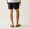 Rückenansicht der Beine und Hüfte einer Person, schwarze Shorts, weißer T-Shirt-Saum, grünliche Flip-Flops, heller neutraler Hintergrund