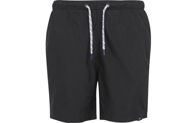 Short de bain noir avec ceinture élastique, cordon blanc et noir et petite étiquette sur l'ourlet