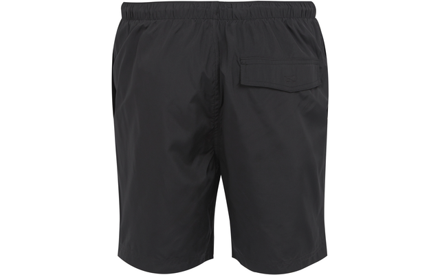 Short de bain noir, vue de dos, taille élastique et une poche arrière à rabat sur un côté