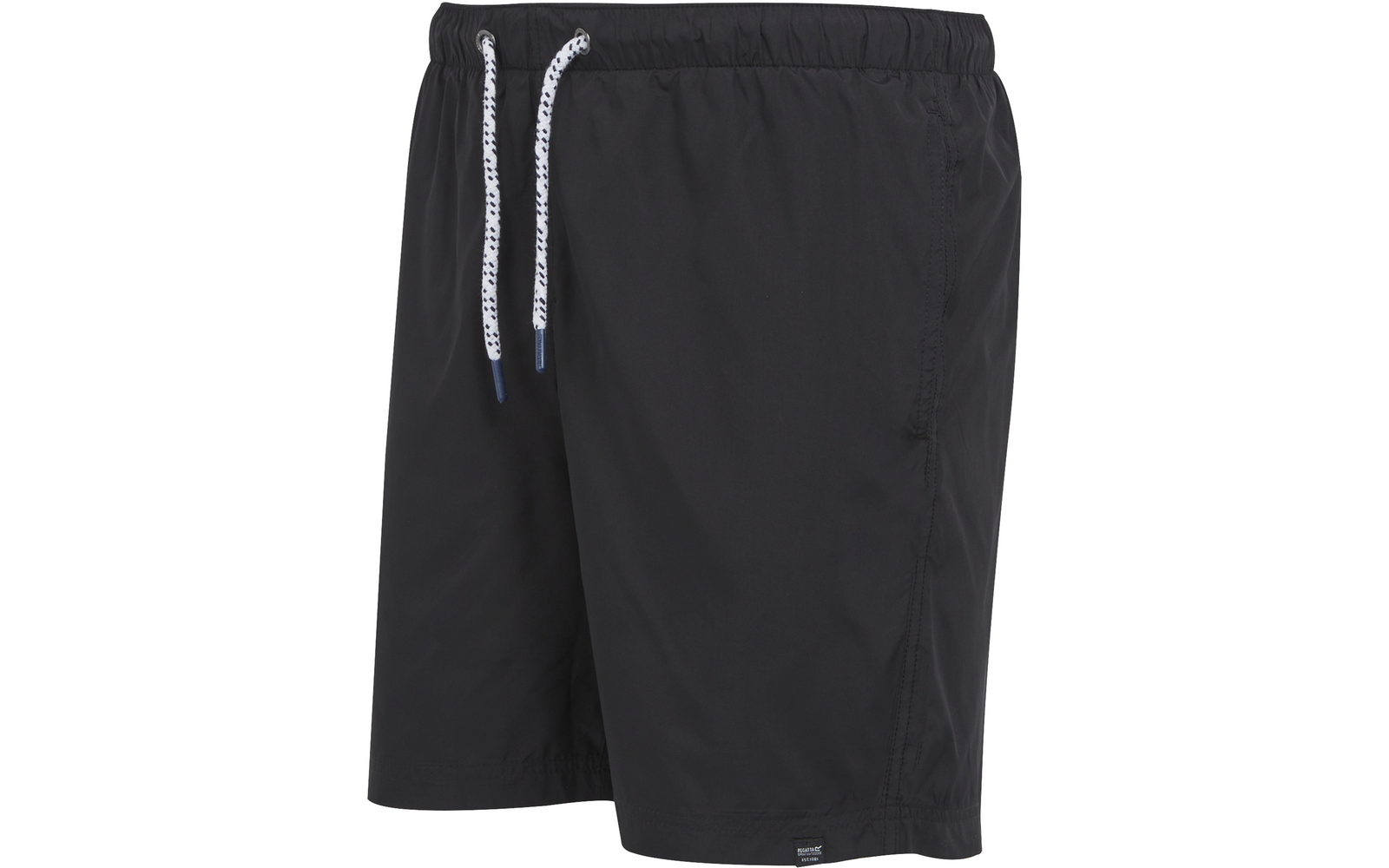 Short de bain noir avec taille élastique, cordon blanc à motif noir et petite étiquette sur l'ourlet avant