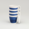 Four stacked white cups with blue bands, handles on the right