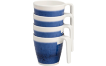 Four stacked white cups with blue bands, handles on the right