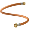 Tuyau flexible orange avec raccords métalliques en laiton aux deux extrémités, enroulé en spirale sur fond blanc