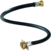 Black flexible rubber hose coiled in an S-shaped spiral with brass fittings on both ends on a white background