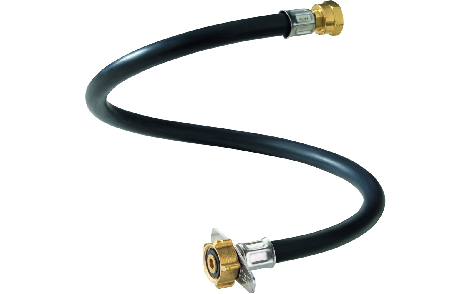 Black flexible rubber hose coiled in an S-shaped spiral with brass fittings on both ends on a white background
