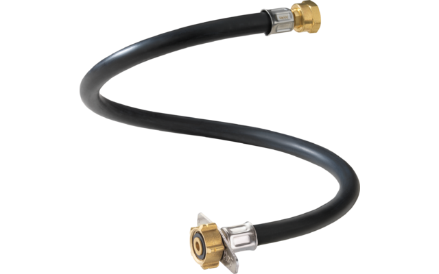 Tuyau en caoutchouc noir, en spirale en forme de S, avec raccords en laiton aux deux extrémités sur fond blanc