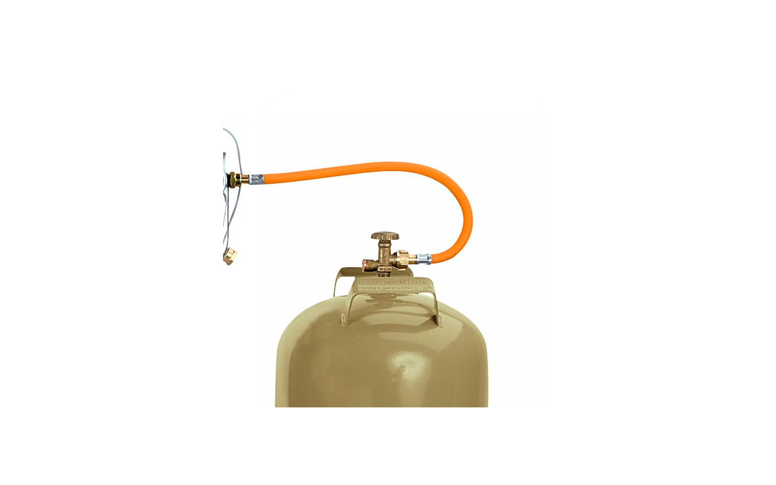 Bouteille de gaz beige avec robinet en laiton et tuyau orange sur fond blanc