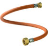 Orange flexible hose with brass fittings at both ends, slightly coiled on a white background