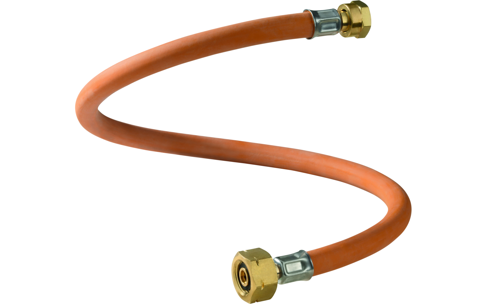 Orange flexible hose with brass fittings at both ends, slightly coiled on a white background