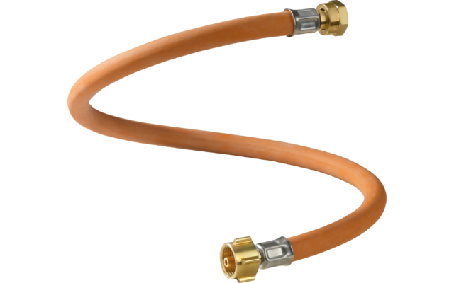 Tuyau flexible orange avec raccords métalliques en laiton aux deux extrémités, enroulé en spirale sur fond blanc