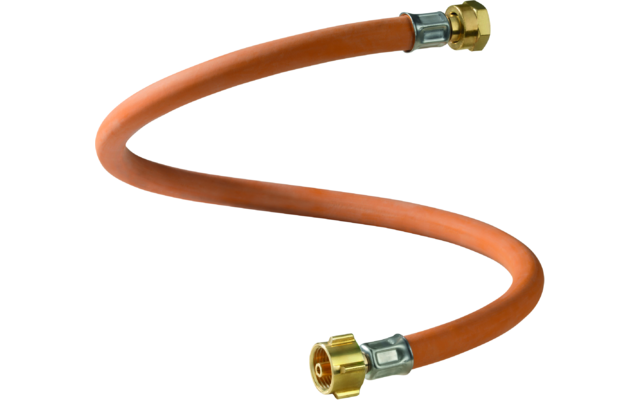 Orange flexible hose with brass metal fittings on both ends, coiled in a spiral on a white background