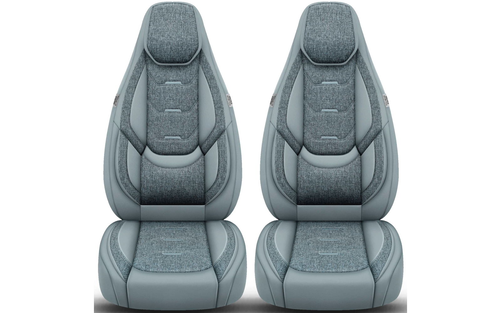 Zwei nebeneinander stehende gepolsterte Sitze in hellgrau-blau mit integrierten Kopfstützen und gesteppten Polstern