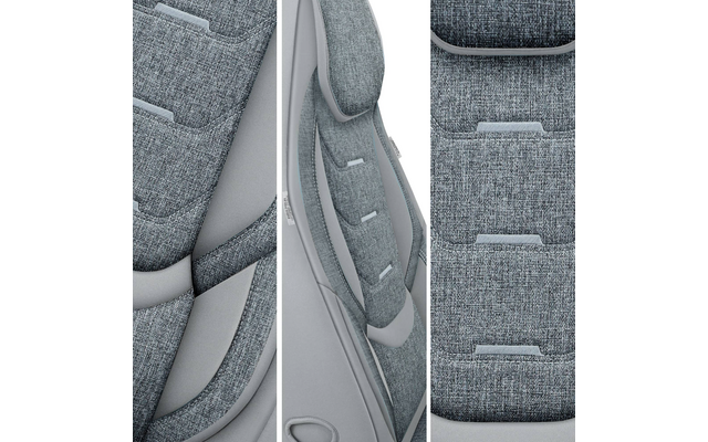 Drei Nahaufnahmen eines grauen, gepolsterten Sitzes mit strukturierter Stoffoberfläche, horizontalen Polsterstreifen, sichtbaren Nähten und hellgrauen glatten Flächenelementen