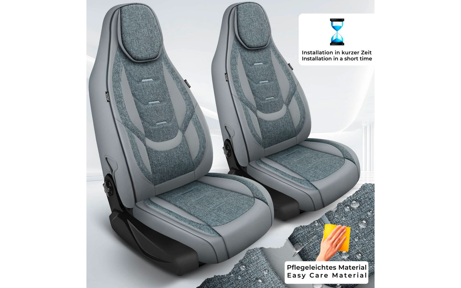 Zwei Autositze mit graublauem Stoffbezug auf hellem Hintergrund; rechts oben Einblendung mit Sanduhr-Symbol und Text; rechts unten Einblendung mit Reinigungstuch-Symbol und Text