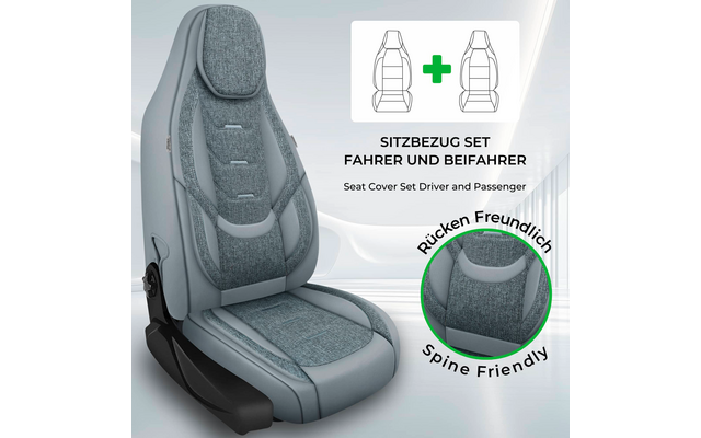 Grau-blauer Autositz mit Sitzbezug, Stoff-Nahaufnahme, rechts oben weiße Grafik mit zwei Sitzumrissen und grünem Plus, Schriftzug 'SITZBEZUG SET FAHRER UND BEIFAHRER' und englische Unterzeile 'Seat Cover Set Driver and Passenger', runder grüner Badge
