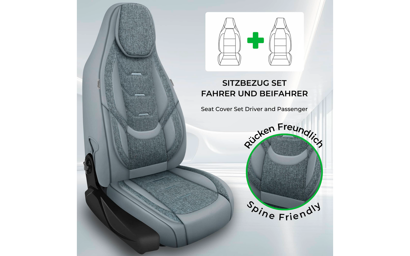 Grau-blauer Autositz mit Sitzbezug, Stoff-Nahaufnahme, rechts oben weiße Grafik mit zwei Sitzumrissen und grünem Plus, Schriftzug 'SITZBEZUG SET FAHRER UND BEIFAHRER' und englische Unterzeile 'Seat Cover Set Driver and Passenger', runder grüner Badge