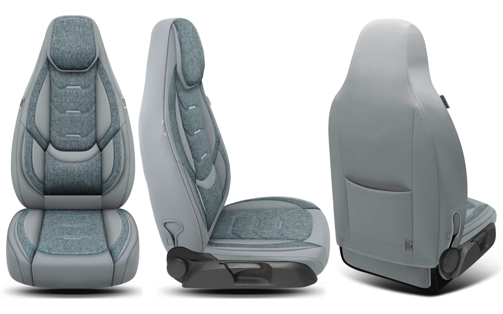 Autositz in drei Ansichten (Vorder-, Seiten- und Rückansicht); hellgraue Polsterung mit türkisfarbenen Stoffeinlagen, integrierte Kopfstütze und Rückentasche
