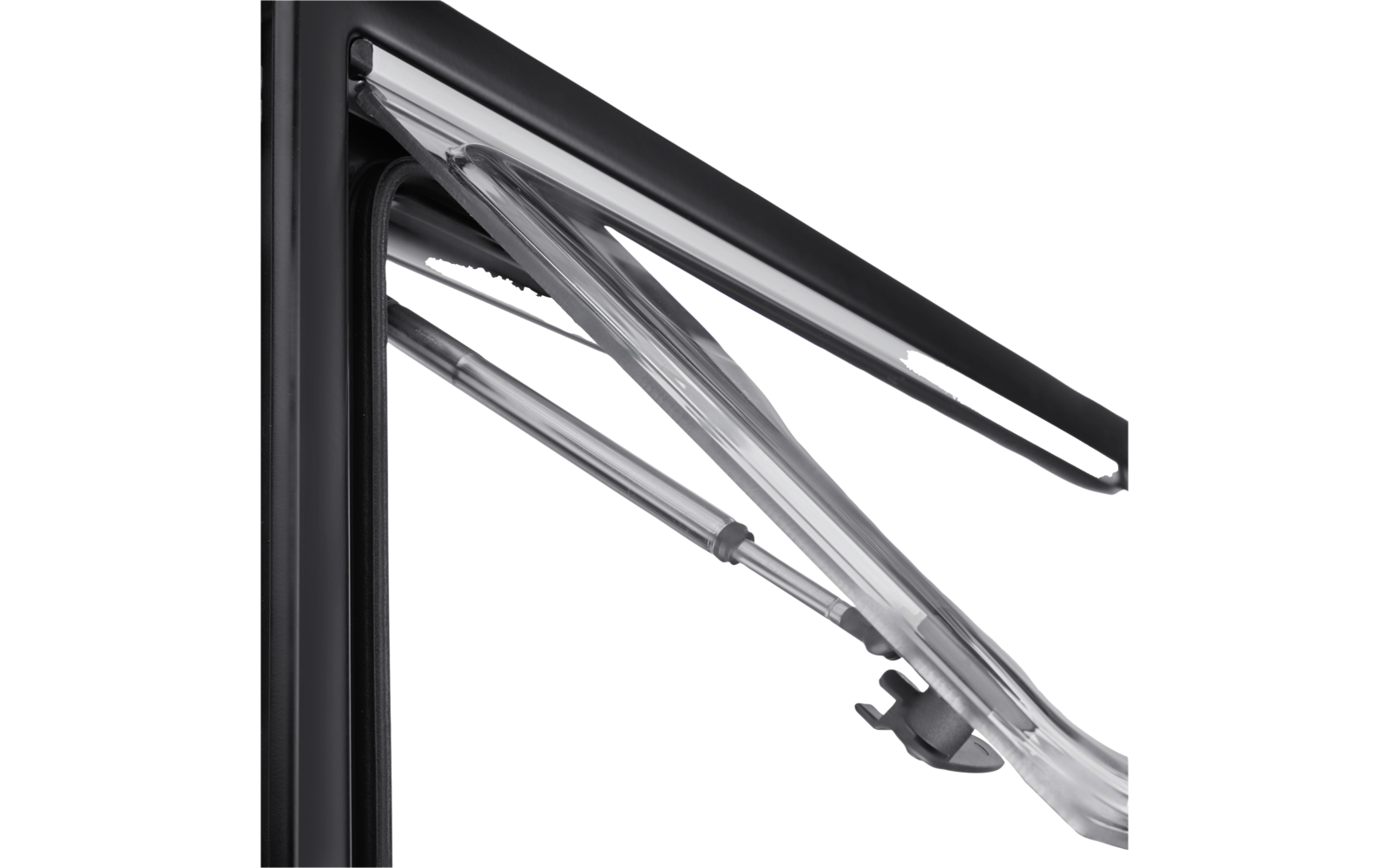 Nahaufnahme eines Scheibenwischers an einer Glasscheibe mit Metallarm, Gummilippe und schwarzem Rahmen