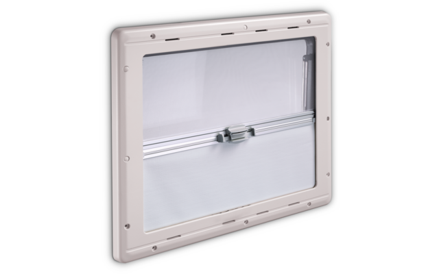 Rechteckiger beiger Kunststoffrahmen mit klarem Schiebefenster und mittigem Verriegelungsriegel