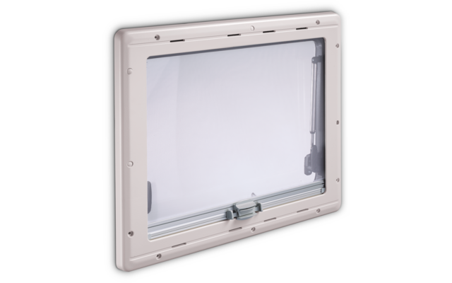 Rechteckiger hellgrauer Kunststoffrahmen mit durchsichtiger Klappe, mittiger Verriegelungsriegel unten, Scharnier rechts, sichtbare Schrauben