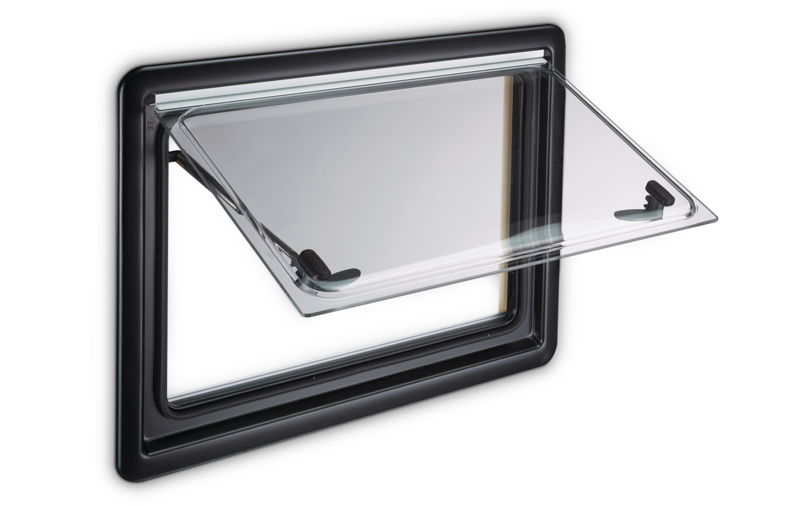 Rectangular plastic frame with a transparent flap opened outward and two small black latches