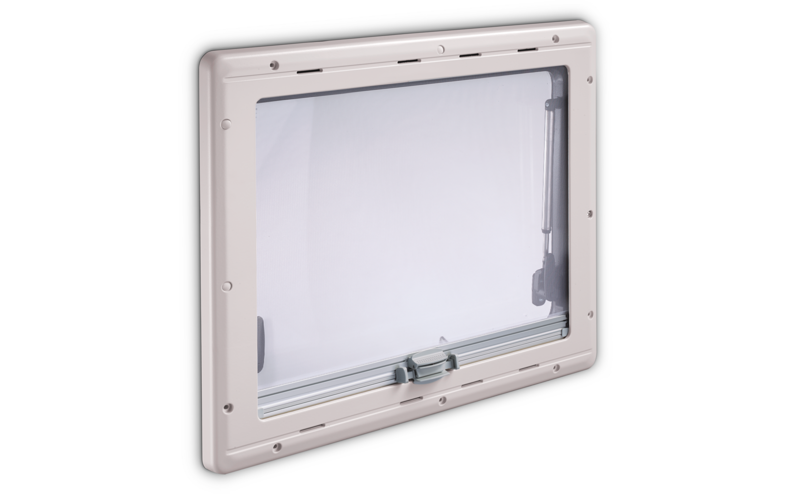 Rechteckiger hellgrauer Kunststoffrahmen mit durchsichtiger Klappe, mittiger Verriegelungsriegel unten, Scharnier rechts, sichtbare Schrauben