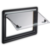 Rectangular plastic frame with a transparent flap opened outward and two small black latches
