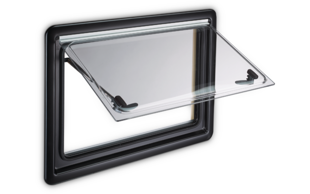 Rectangular plastic frame with a transparent flap opened outward and two small black latches