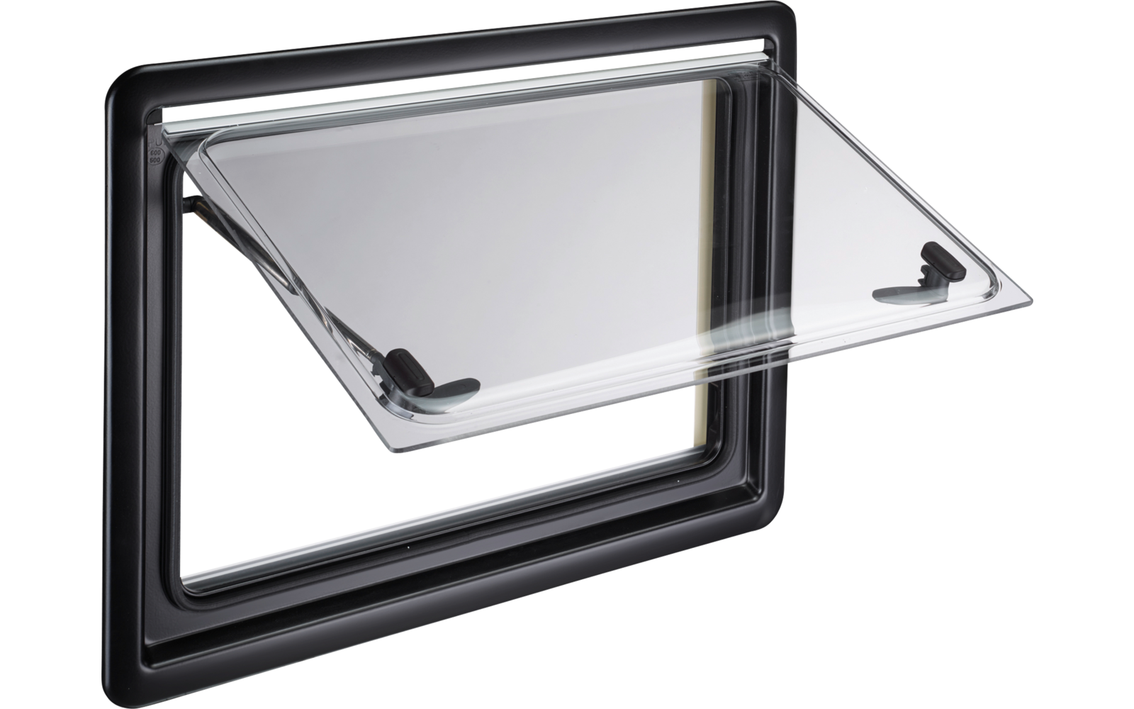 Rechteckiger Kunststoffrahmen mit transparenter, nach außen geöffneter Klappe und zwei kleinen schwarzen Verriegelungen