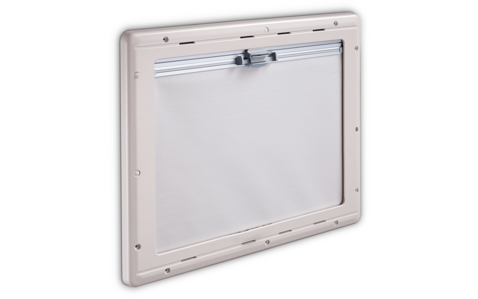 Rechteckiger hellfarbiger Kunststoffrahmen mit weißer blickdichter Schiebeplatte und zentralem Verriegelungsriegel oben