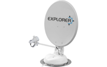 Antenne parabolique blanche avec inscription noire 'EXPLORER' et symbole étoile bleu, montée sur un support avec base ronde et câble visible