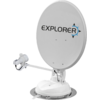 Antenne parabolique blanche avec inscription noire 'EXPLORER' et symbole étoile bleu, montée sur un support avec base ronde et câble visible