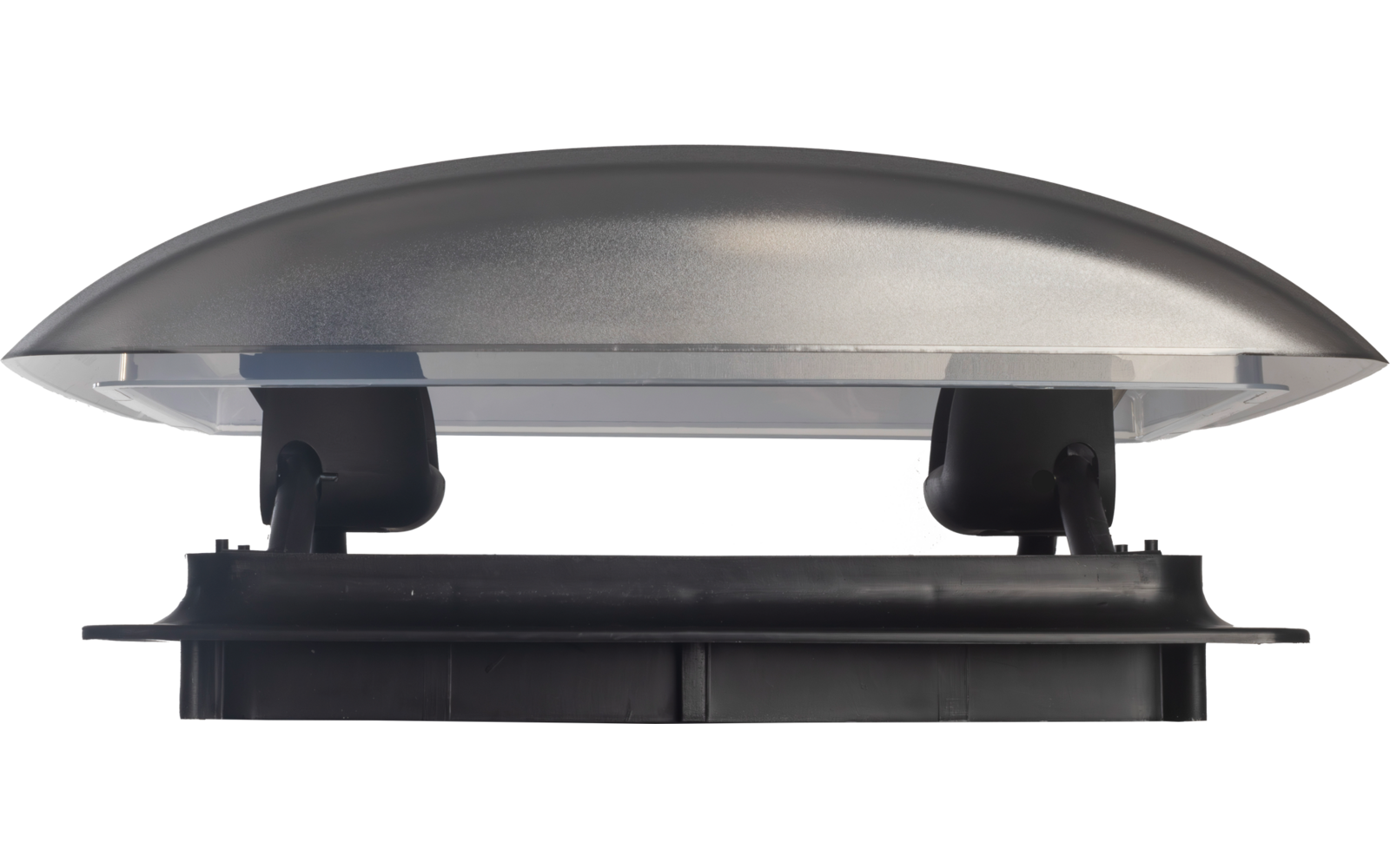 Flaches ovales silbergraues Gehäuse auf zwei schwarzen Halterungen über einer breiten schwarzen rechteckigen Basis