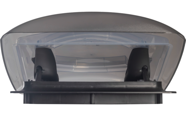 Transparenter, leicht gewölbter Kunststoffdeckel mit zwei schwarzen Halterungen und dunklem rechteckigem Sockel