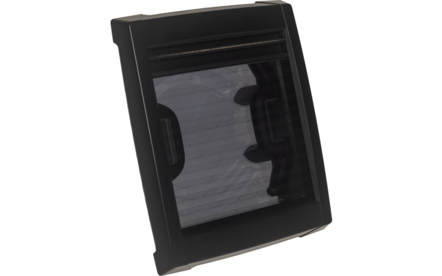 Schwarzer rechteckiger Kunststoffrahmen mit dunkler, durchsichtiger mittiger Scheibe; innen horizontale Linien und zwei dunkle seitliche Aussparungen