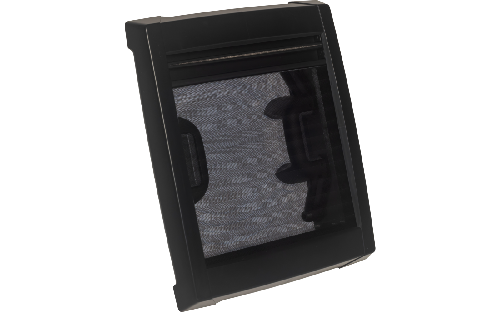 Schwarzer rechteckiger Kunststoffrahmen mit dunkler, durchsichtiger mittiger Scheibe; innen horizontale Linien und zwei dunkle seitliche Aussparungen