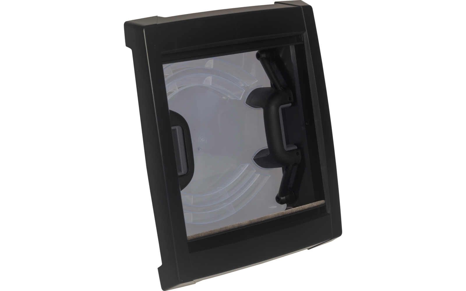 Schwarzer rechteckiger Rahmen mit transparenter Kunststoffklappe, rechter schwarzer Griff, sichtbare konzentrische Rillen, beige Dichtung unten