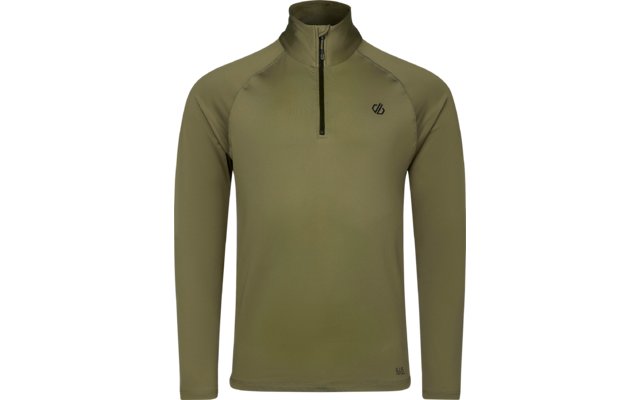 Haut olive à manches longues avec col montant et court zip devant, petit logo noir sur le côté gauche de la poitrine, coutures visibles aux manches