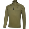 Pull vert olive à manches longues, col montant, petite fermeture éclair frontale avec curseur noir et petit logo sur la poitrine, sur fond blanc