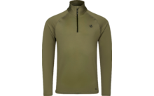 Haut olive à manches longues avec col montant et court zip devant, petit logo noir sur le côté gauche de la poitrine, coutures visibles aux manches