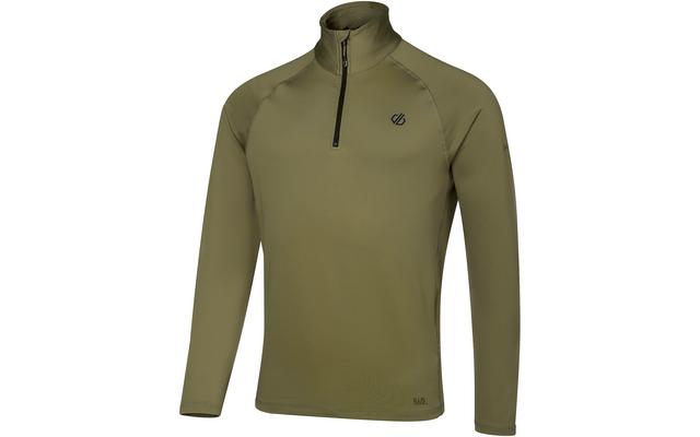 Pull vert olive à manches longues, col montant, petite fermeture éclair frontale avec curseur noir et petit logo sur la poitrine, sur fond blanc