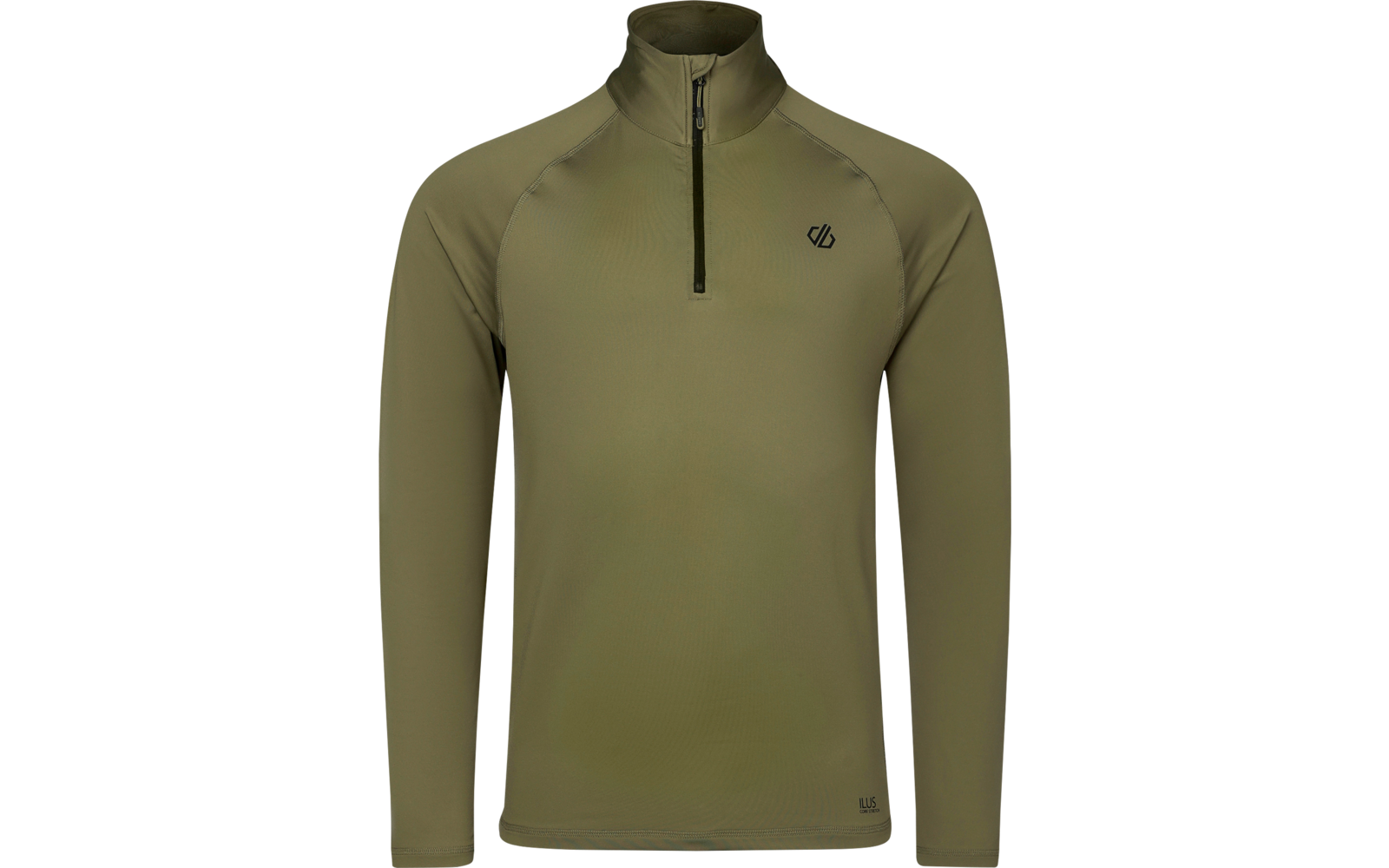 Haut olive à manches longues avec col montant et court zip devant, petit logo noir sur le côté gauche de la poitrine, coutures visibles aux manches