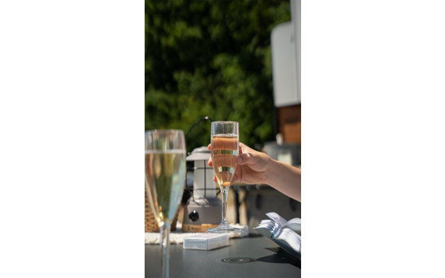 Hand houdt een glas met bruisende drank, andere glazen en een groene achtergrond